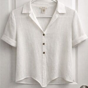 White Button-Down Linen Crop Top - Ties at Bottom